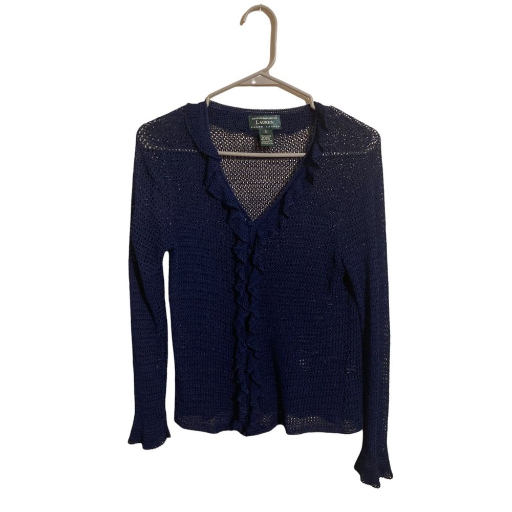 Lauren Ralph Lauren Womens Sheer Hand Knit Button Up Sweater Size Small Blue